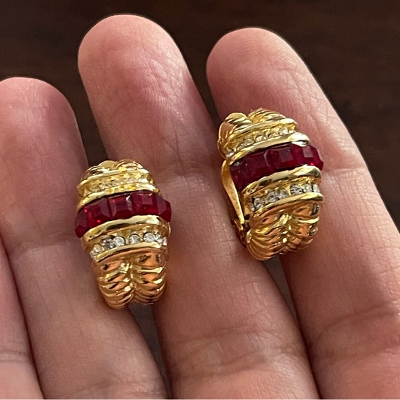 Ruby red pave set crystal gold tone clip on earrings - Picture 4 of 7